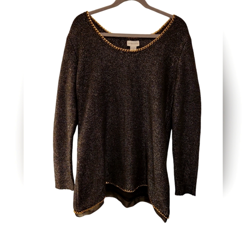 Soft Surroundings, Sweater, Black Metallic Sweater w/ Gold Tone Chain, Womens XL